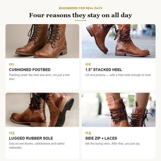 Aruna Boots key benefits: cushioned footbed, 1.5 inch stacked heel, lugged rubber sole, side zip