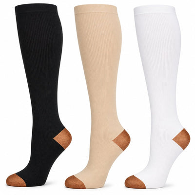 Copper compression socks, set of 3 in black, beige and white, on white background