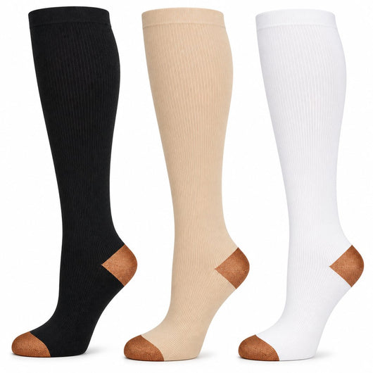 Copper compression socks, set of 3 in black, beige and white, on white background