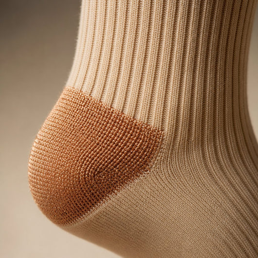 Close-up of the copper-infused heel panel and ribbed knit