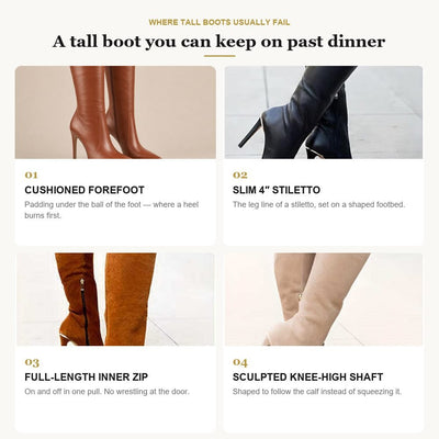 Valentina Boots key benefits: cushioned forefoot, 4 inch stiletto, full-length inner zip, sculpted shaft