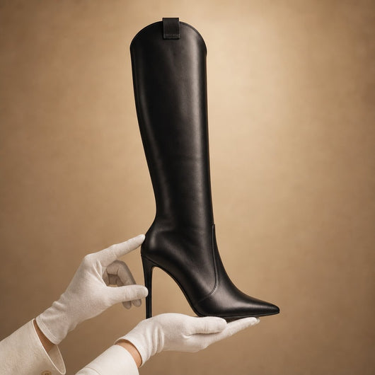 Valentina Boot presented in white cotton gloves, showing the slim stiletto heel