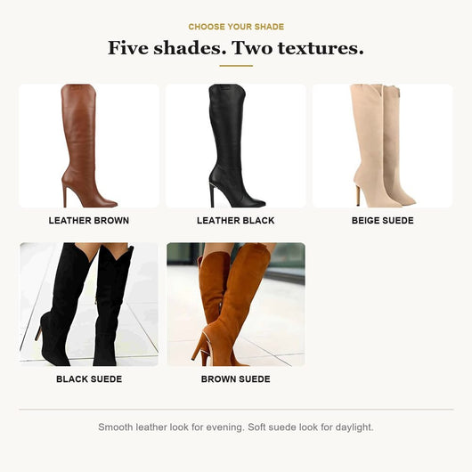 Valentina Boots in Leather Brown, Leather Black, Beige Suede, Black Suede and Brown Suede