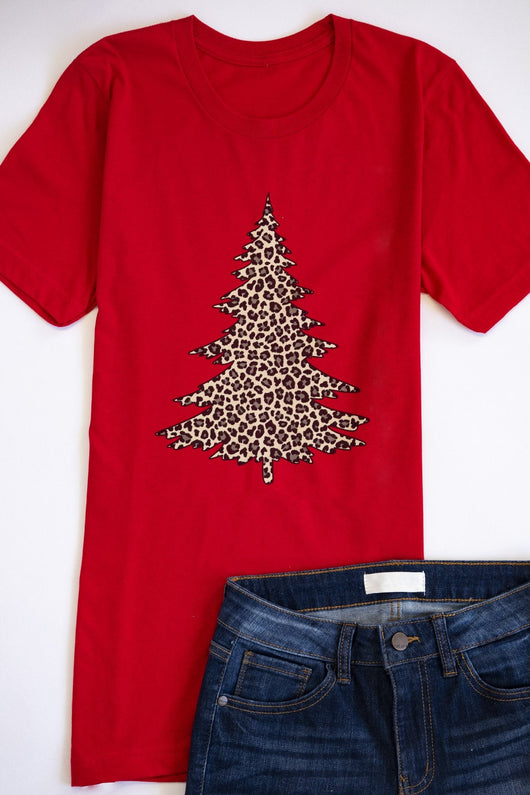 Animal Print Christmas Tree Graphic Red Tee