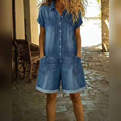 Capri Denim Romper — Denim Blue front
