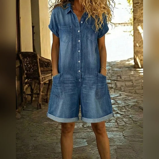Capri Denim Romper — Denim Blue front