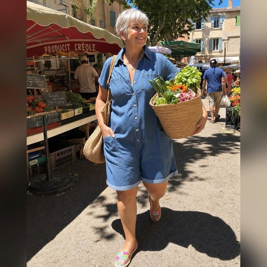 Woman wearing the denim romper at the market