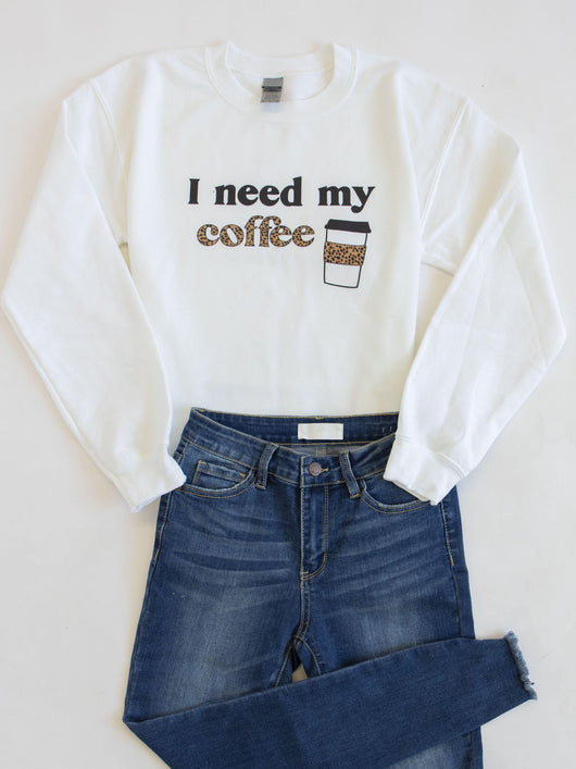 I Need My Coffee White Graphic Sweatshirt